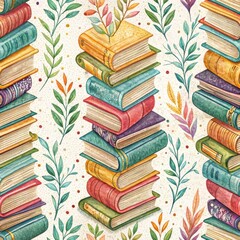 Seamless Stacked Books Illustration Cozy Reading Nook Decorative Art Bright Environment Aesthetic Viewpoint