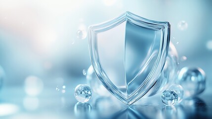 Translucent Shield and Clear Orbs on Soft Blue Background