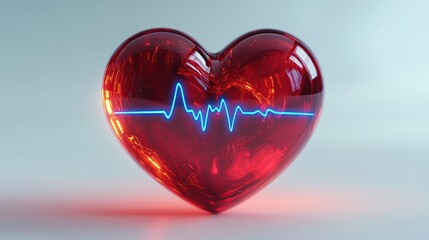 Glass Heart with Red Liquid and ECG Line on Reflective Surface