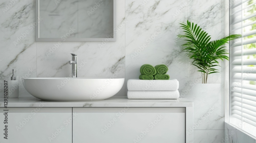 Poster luxurious marble countertop in a serene bathroom setting accented with lush green plants and soft na