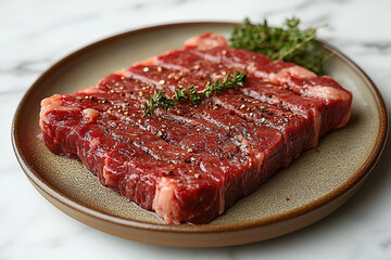 Obraz premium Marbled Sirloin Steak Perfection with Fresh Thyme Garnish Detail