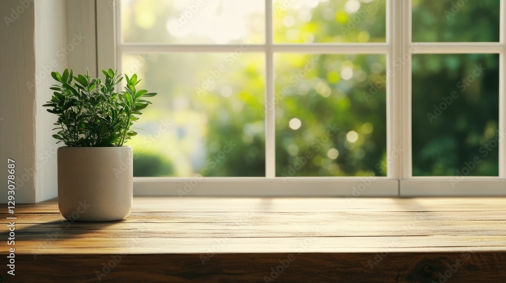 Poster rustic wooden counter in a sunlit home kitchen with a soft blur of the lush green garden visible thr