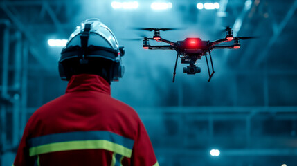 A firefighter watches a drone equipped with red lights, highlighting the integration of technology in emergency response settings.