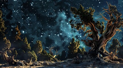 Fototapeta premium Mystical Night Scene with Twisted Trees Under a Starry Sky and Ethereal Blue Clouds