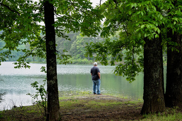 A man stands near a calm lake, surrounded by lush green trees