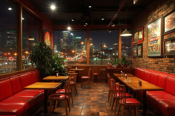 Obraz premium Urban Diner, Brick Walls, Red Booths and Cityscape Views at Night