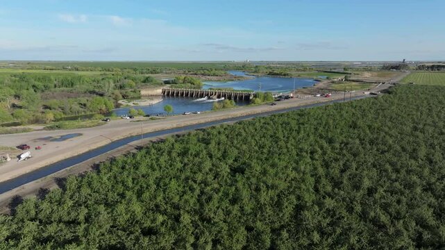 Wide aerial view of Mendota Dam at Fresno Slough