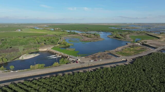 Aerial pass over Mendota Dam and Fresno Slough water