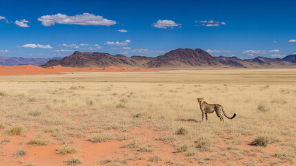Elegant cheetah standing in the African desert with golden sand dunes and distant mountains, representing speed, wilderness, and wildlife conservation in its natural habitat