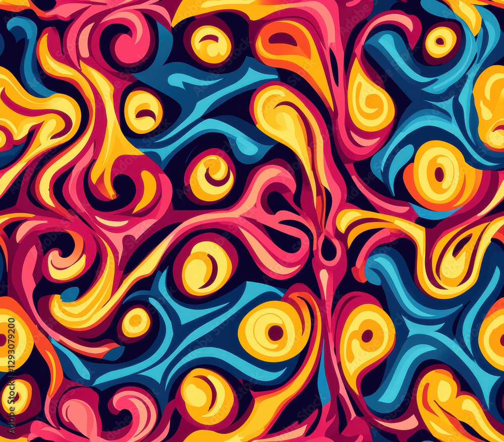 Poster vibrant abstract pattern with swirls and bright colors in fuchsia and teal, seamless pattern style.