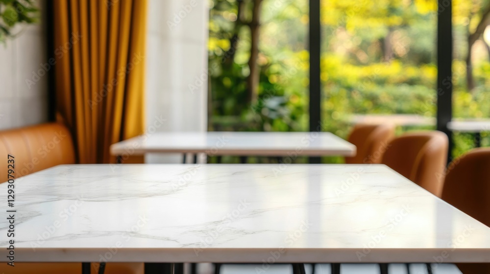Poster elegant marble counter in a bright and airy cafe setting accented by flowing curtains that frame a b