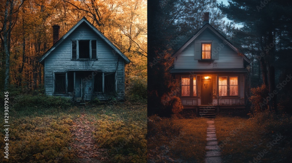Poster contrast between an abandoned house overrun by nature and a cozy cottage with warm lights. generativ