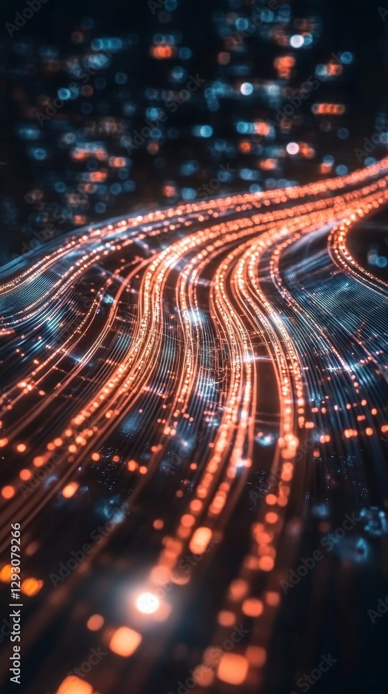Aufkleber Abstract digital data stream with blue and orange light trails in a futuristic background. Innovation and technology concept