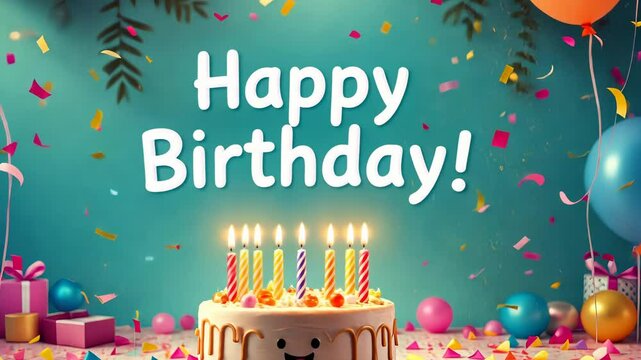 Happy Birthday Cake with Balloons and Confetti