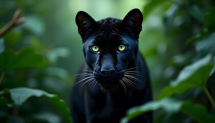 Majestic black panther portrait with striking green eyes in a lush green jungle environment