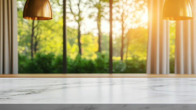 Bright and cozy cafe setting with elegant marble counter flowing white curtains and a blurred scenic forest landscape visible through the windows creating a serene and inviting ambiance
