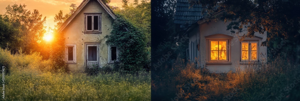 Poster contrast of time between an abandoned house consumed by nature and a cozy, restored cottage glowing 