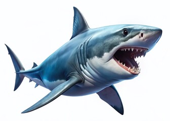 Great White Shark Open Mouth, Isolated White Background Stock Photo