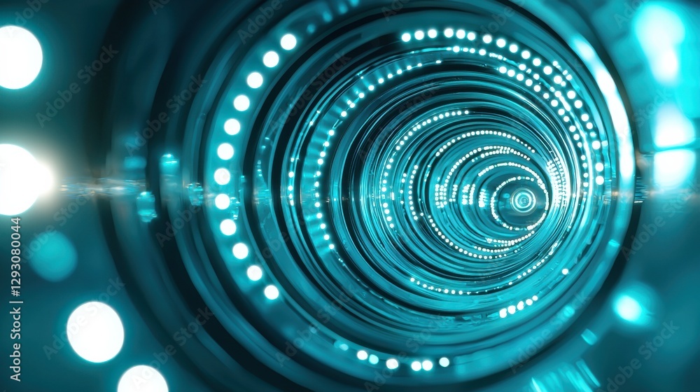 Poster a mesmerizing tunnel of blue lights and circular patterns, creating a sense of depth and technologic