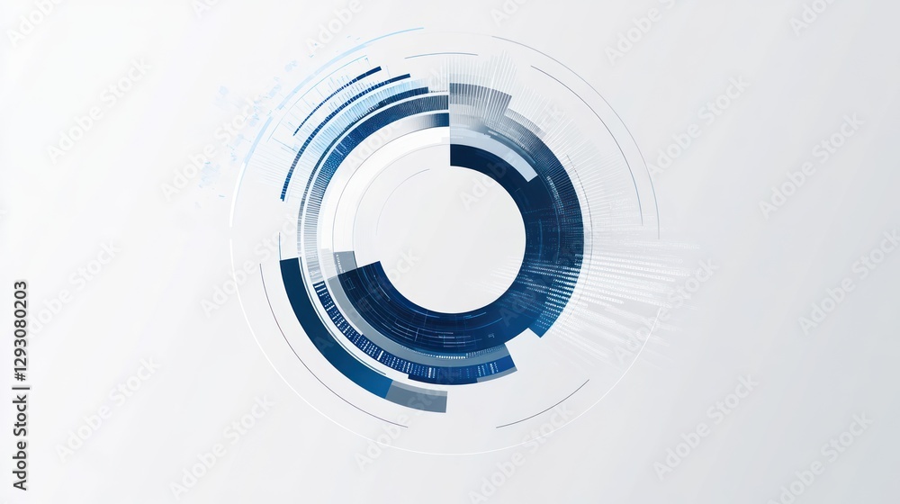 Poster abstract circular graphic design with concentric rings, overlapping segments, and digital data eleme