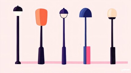 Naklejka premium Different styles of street lamps arranged in a colorful and modern design, showcasing varied shapes and sizes in a simplistic artistic composition