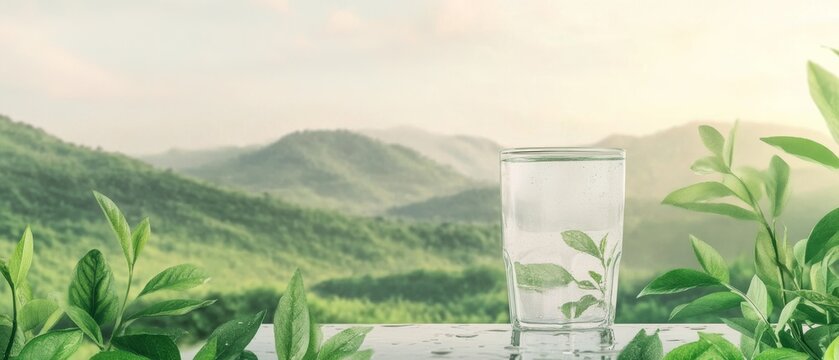 A glass of water is sitting on a table in front of a lush green forest