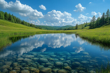Fototapeta premium Mirror Lake Reflection of Azure Sky in verdant Valley Landscape