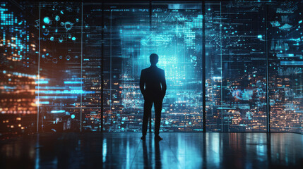 Businessman Contemplating Future Tech: Data Visualization & Digital Transformation