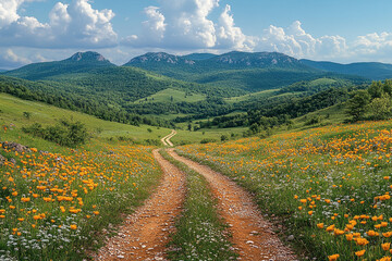 Winding Path Through Meadow, Mountains Vista under Sunny Sky