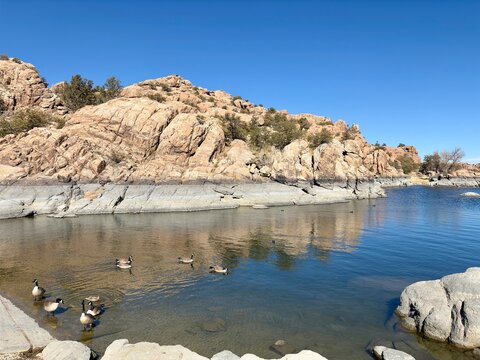 Geese in calm waters by rocky shoreline at Watson Lake, Prescott, AZ