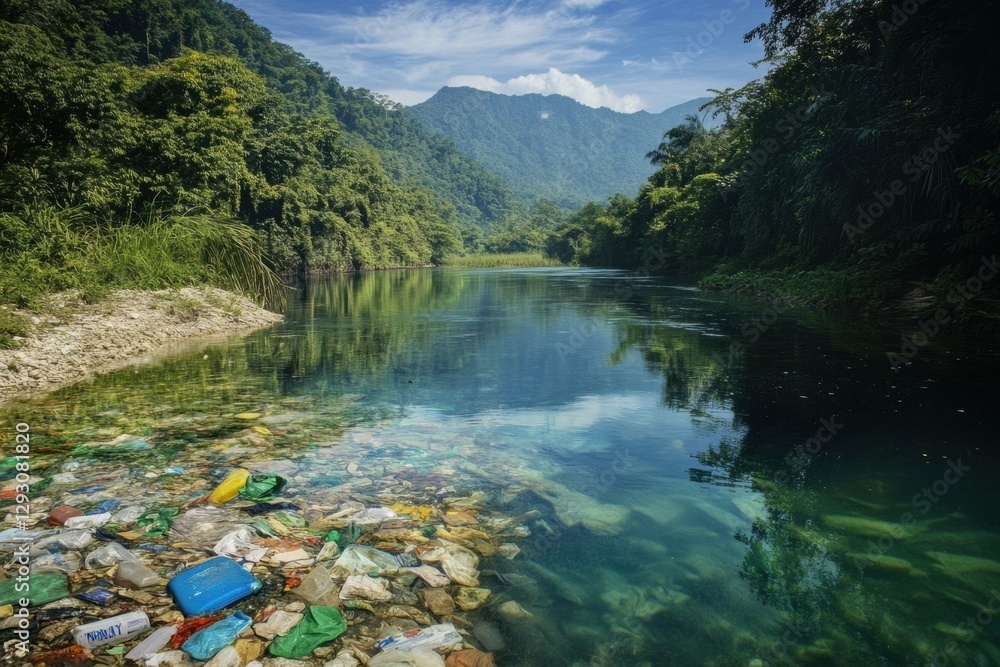 Poster polluted river contrasts with clear water stream highlighting environmental issues in remote wildern