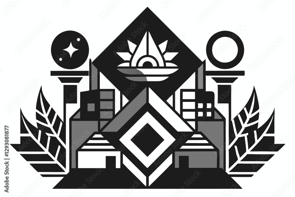 Poster a striking black and white design showcasing geometric shapes and intricate patterns, creating depth