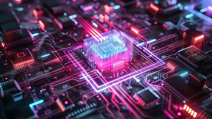 Fototapeta premium Futuristic Circuit Board with Glowing Chips and Neon Lights in Technology Concept