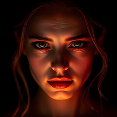 Dramatic low‑key portrait of a woman lit by sinister amber shadows &ndash; Retrato en clave baja de mujer iluminada por sombras &aacute;mbar siniestras