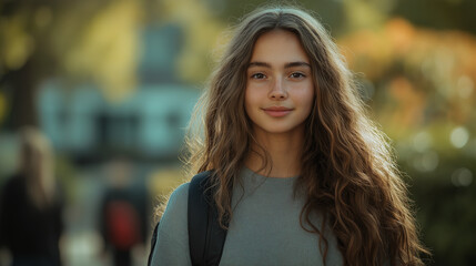 Fototapeta premium Confident female student walking with backpack, embodying determination and focus.