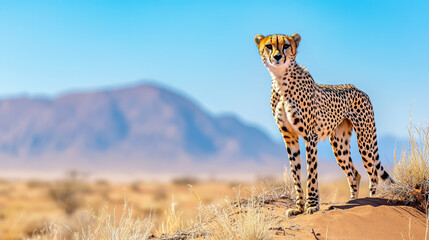 Obraz premium Majestic cheetah standing in the African desert with golden sand dunes and mountains in the background, symbolizing speed, agility, and wildlife conservation in a natural habitat