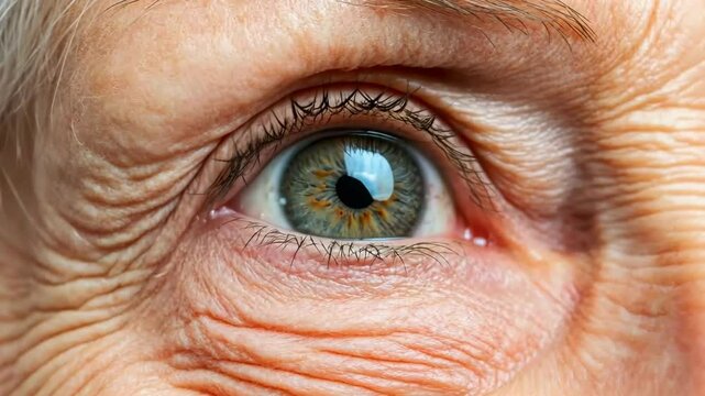 Close-up of old woman's eye, wrinkles. Macro Eye of Female Senior. Detail of older woman with green eyes. Elderly person look up side view. Wrinkled face of aged lady. Optical symptoms, health concept