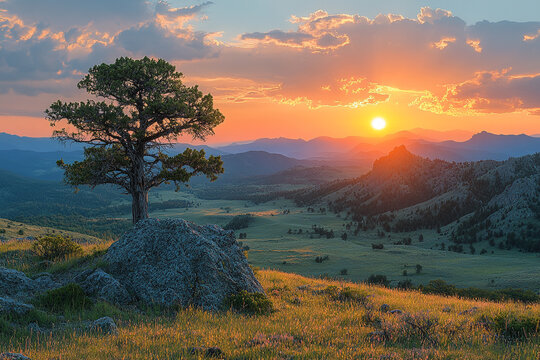 Solitude's embrace, A serene sunset silhouette amidst rolling hills vista