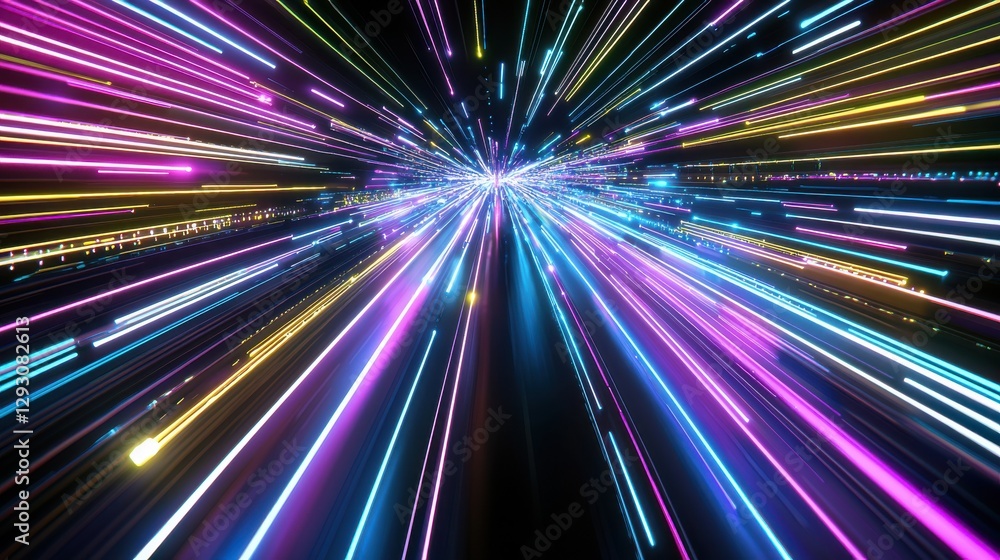 Poster a vibrant display of colorful light streaks radiating outward, creating a sense of speed and dynamic