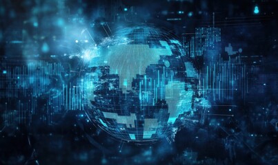 A digital representation of a globe surrounded by abstract patterns, symbolizing technology, data, and connectivity in a futuristic environment.