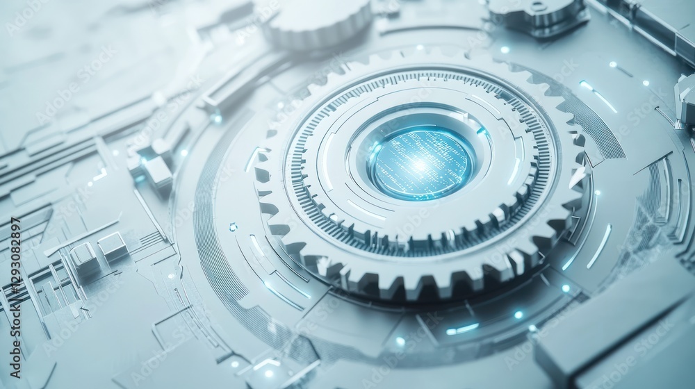 Poster futuristic gear mechanism with illuminated circuitry. abstract technological design with intricate d