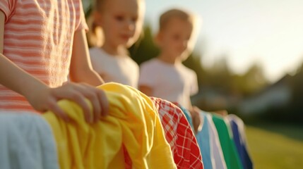 Fototapeta premium A family happily folding warm fresh laundry together on a sunlit table capturing the shared responsibilities and comforting rituals of domestic life