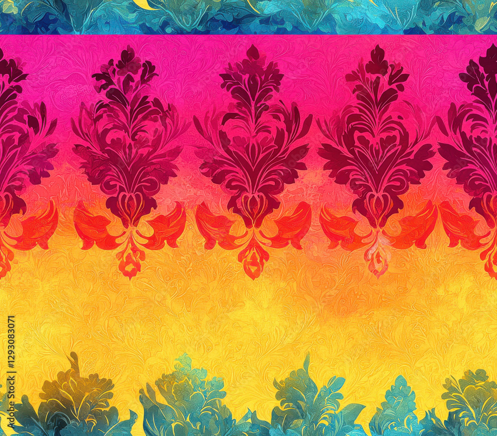 Poster vibrant fuchsia and teal floral pattern with intricate designs and gradients, seamless pattern style