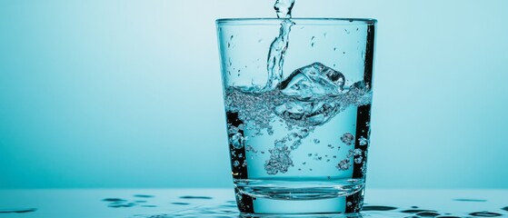 A glass of water with ice cubes in it is being poured