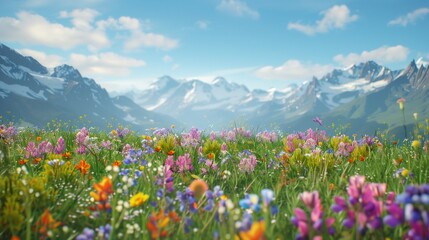 Fototapeta premium A peaceful alpine meadow with colorful flowers, clear skies, and distant snow-capped peaks.