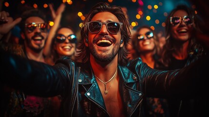 Friends in leather jackets and sunglasses enjoying concert under night sky