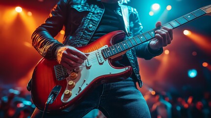 Obraz premium Guitarist playing classic electric guitar on stage under bright spotlights