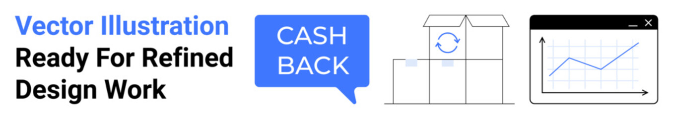Cashback speech bubble, parcel box with a recycle icon, and a web graph showing growth trends. Ideal for ecommerce, cashback promotions, business growth, delivery, logistics, financial analytics
