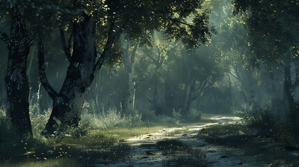 Fototapeta premium A peaceful forest scene with tall trees, soft sunlight filtering through the leaves, and a quiet path.