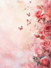 beautiful watercolor illustration featuring pink roses and butterflies, creating serene and romantic atmosphere. Perfect for floral designs and nature themes